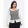Bloomchic Lapel Neck Houndstooth Patchwork Long Sleeve Fitted Blouse In Opticwhite
