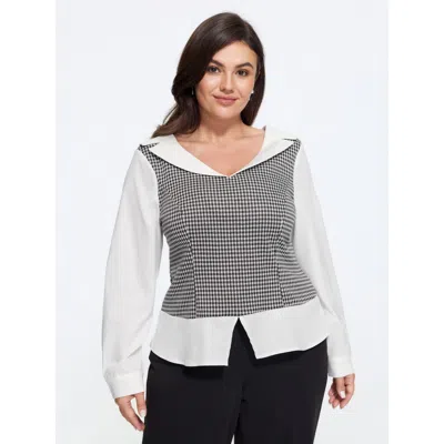 Bloomchic Lapel Neck Houndstooth Patchwork Long Sleeve Fitted Blouse In Opticwhite