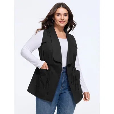 Bloomchic Lapel Neck Waist Tie Cargo Pockets Vest In Black
