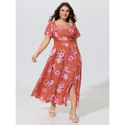 Bloomchic Large Floral Print Flowy Sleeve Maxi Dress In Rust