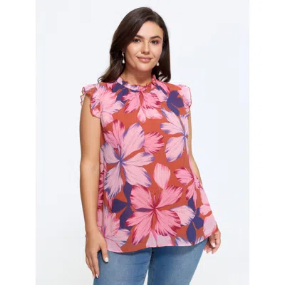 Bloomchic Large Floral Print Mock Neck Flutter Sleeve Blouse In Multi
