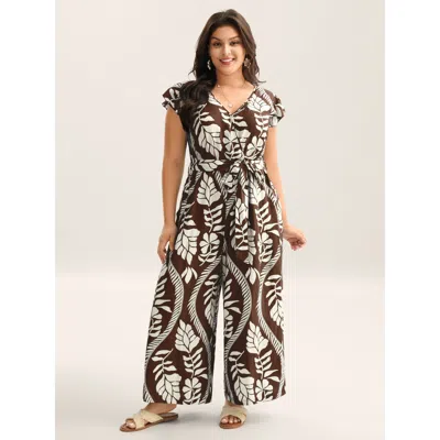 Bloomchic Large Floral Print Pockets Jumpsuit In Darkbrown