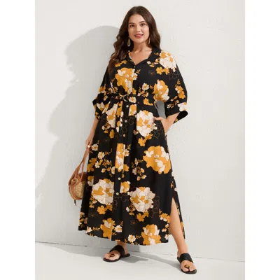 Bloomchic Large Flower Print Button Slit Maxi Dress In Black