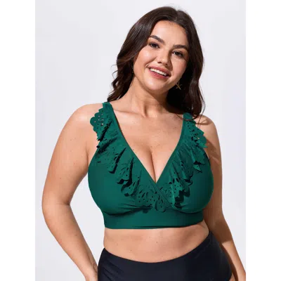 Bloomchic Laser Cut Floral Ruffled Neckline Swim Top In Green