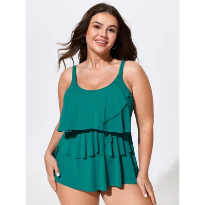 Bloomchic Layered Deep Neckline Swim Top In Blue