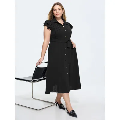 Bloomchic Layered Ruffled Sleeve Button Midi Dress In Black