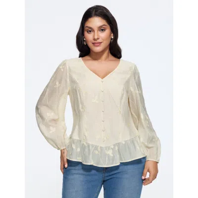 Bloomchic Leaf Embroidered Button Front Ruffle Hem Blouse In White