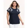 Bloomchic Leaf Embroidery Round Neck Split T-shirt In Blue