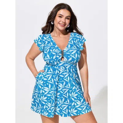 Bloomchic Leaf Print Crisscross Back Swim Dress In Blue