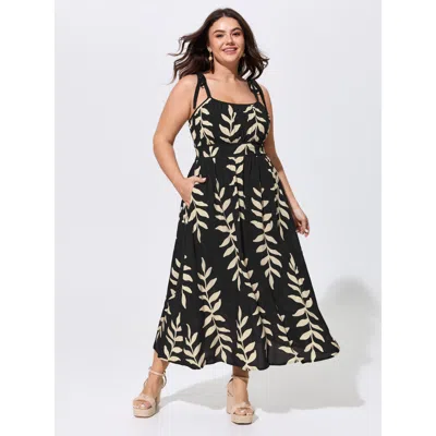 Bloomchic Leaf Print Shirred Adjustable Tie Maxi Dress In Black