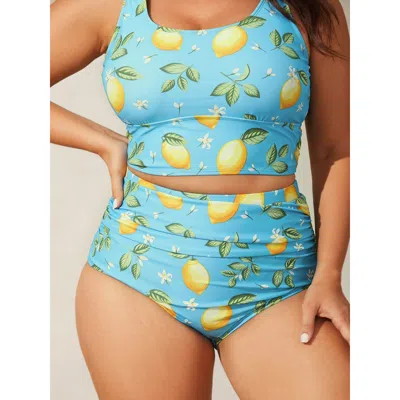 Bloomchic Lemon Print Pleated Tummy-control Bikini Bottoms In Multi