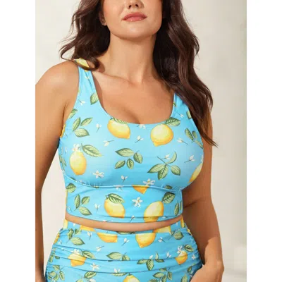 Bloomchic Lemon Print Scoop Neck Bikini Top In Blue
