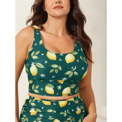 Bloomchic Lemon Print Scoop Neck Bikini Top In Darkgreen