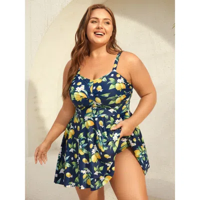 Bloomchic Lemon Print Twist Front Flowy Swim Dress In Blue