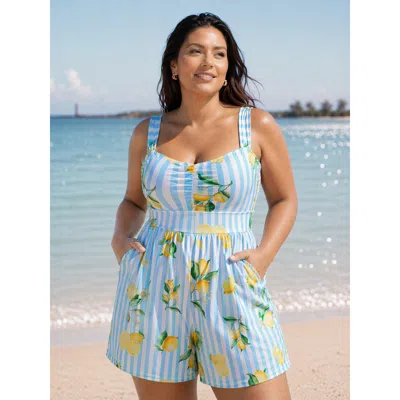Bloomchic Lemon Striped Print Pockets Swim Romper In Blue
