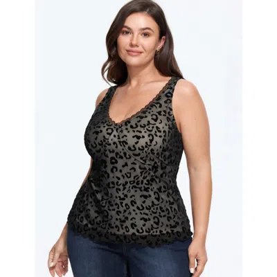 Bloomchic Leopard Flocked Mesh Lace Trim Tank Top In Black