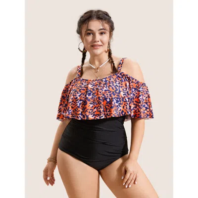 Bloomchic Leopard Patchwork Cold Shoulder One Piece Swimsuit In Orange