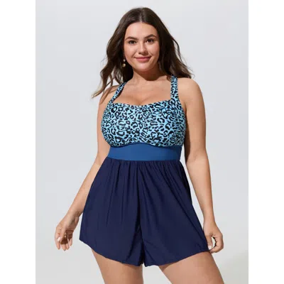 Bloomchic Leopard Print Color Contrast One-piece Swimsuit In Blue