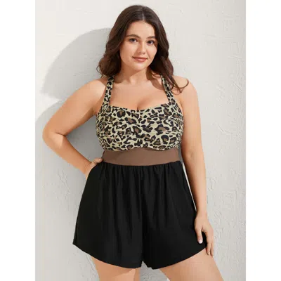 Bloomchic Leopard Print Color Contrast One-piece Swimsuit In Yellowishbrown
