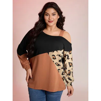 Bloomchic Leopard Print Colorblock One-shoulder Sweatshirt In Brown
