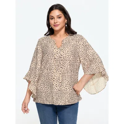 Bloomchic Leopard Print Flared Sleeve Loose Chiffon Blouse In Nude