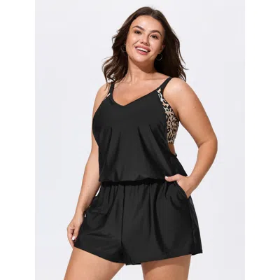 Bloomchic Leopard Print Pockets Wide-leg Swim Romper In Black