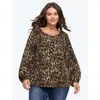 Bloomchic Leopard Print Round Neck Button‑front Blouse In Darkbrown