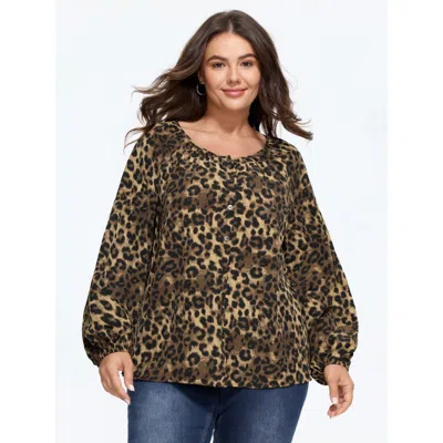 Bloomchic Leopard Print Round Neck Button‑front Blouse In Darkbrown