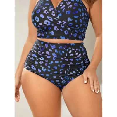 Bloomchic Leopard Print Ruched Tight-fit Bikini Bottoms In Blue