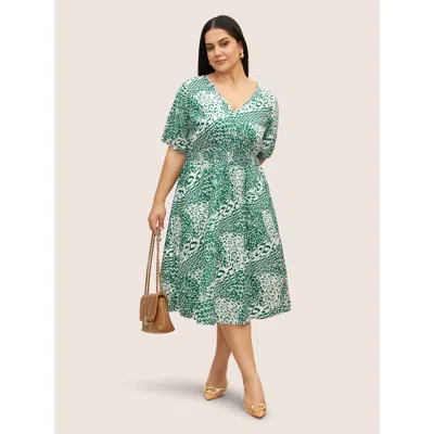 Bloomchic Leopard Print Shirred Lantern Sleeve Dress In Green