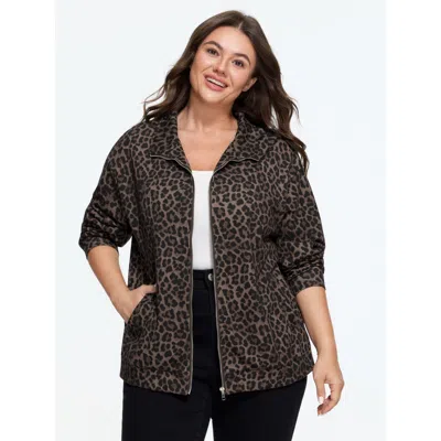 Bloomchic Leopard Print Zip Up Jacket In Brown