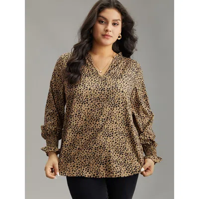 Bloomchic Leopard Shirred Notched Lantern Sleeve Blouse In Animal Print