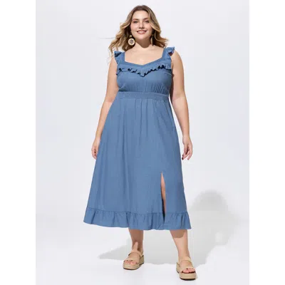 Bloomchic Linen Blend Ruffled Lace Neckline Sleeveless Midi Dress In Animal Print