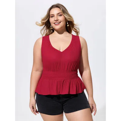 Bloomchic Linen Blend Shirred Waist Plain Tank Top In Red