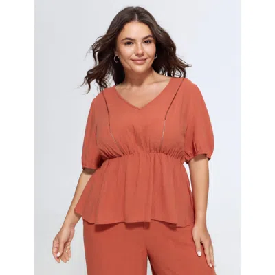 Bloomchic Linen Blend Textured V-neck Plain Peplum Blouse In Orangered