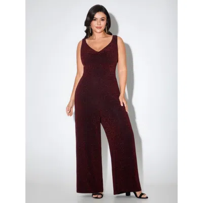 Bloomchic Lurex Cowl Neck Sleeveless Wide Leg Jumpsuit In Burgundy