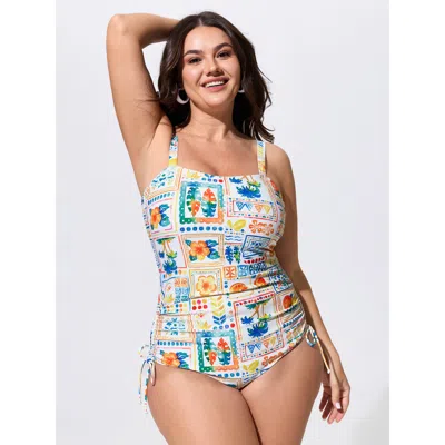 Bloomchic Majolica Print Drawstring One-piece Swim In White