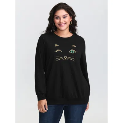 Bloomchic Meow Embroidery Stretchy Round Neck Sweatshirt In Black