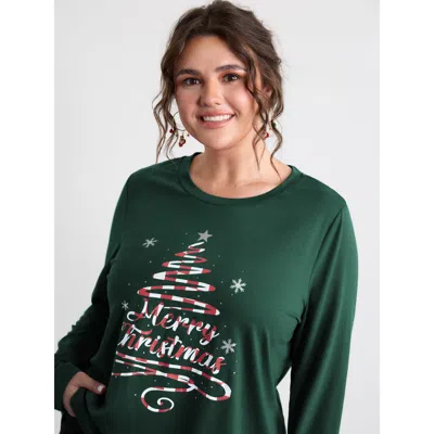 Bloomchic Merry Christmas Print Contrast T-shirt In Green