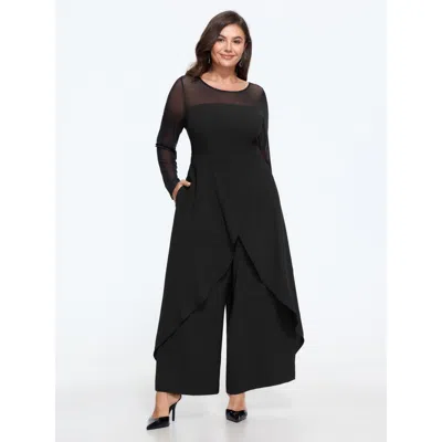 Bloomchic Mesh Sheer Pocket Skirt‑like Wide Leg Jumpsuit In Black