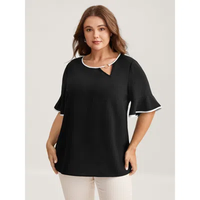 Bloomchic Metal Color Contrast Asymmetrical Neck Blouse In Black