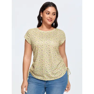 Bloomchic Micro Floral Print Adjustable Side Drawstring T-shirt In Gold