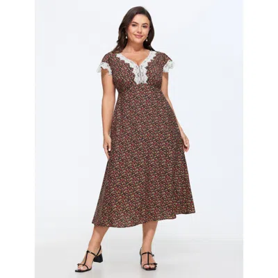 Bloomchic Micro-floral Print Lace Trim Midi Dress In Multicolor
