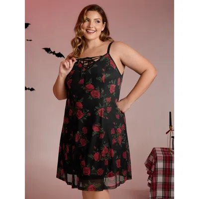 Bloomchic Midnight Rose Print Neck-ties Cami Nightgown In Multi