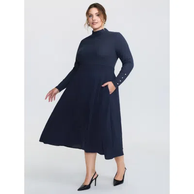 Bloomchic Mock Neck Waist-defining Button Midi Dress In Blue