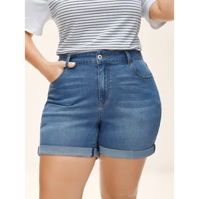 Bloomchic Moderate Stretch Folded Hem Skinny-fit Denim Shorts In Denimlightblue