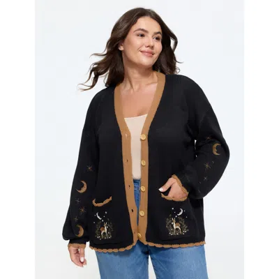 Bloomchic Moon Star Deer Embroidered Contrast Trim Cardigan In Black
