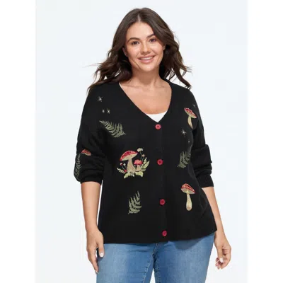 Bloomchic Mushroom Fern Embroidered Button Down Cardigan In Black