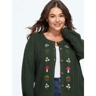 Bloomchic Mushroom Floral Embroidery Button‑front Cardigan In Green