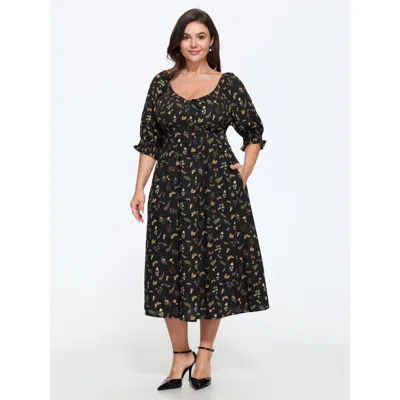 Bloomchic Mushroom Print Square Neck Puff Sleeve Midi Dress In Black